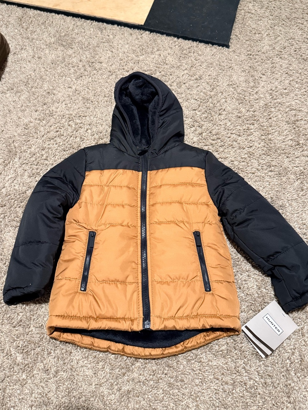 Hunter Kids Two-Tone Hooded Puffer Jacket -  Tan/Orange & Black